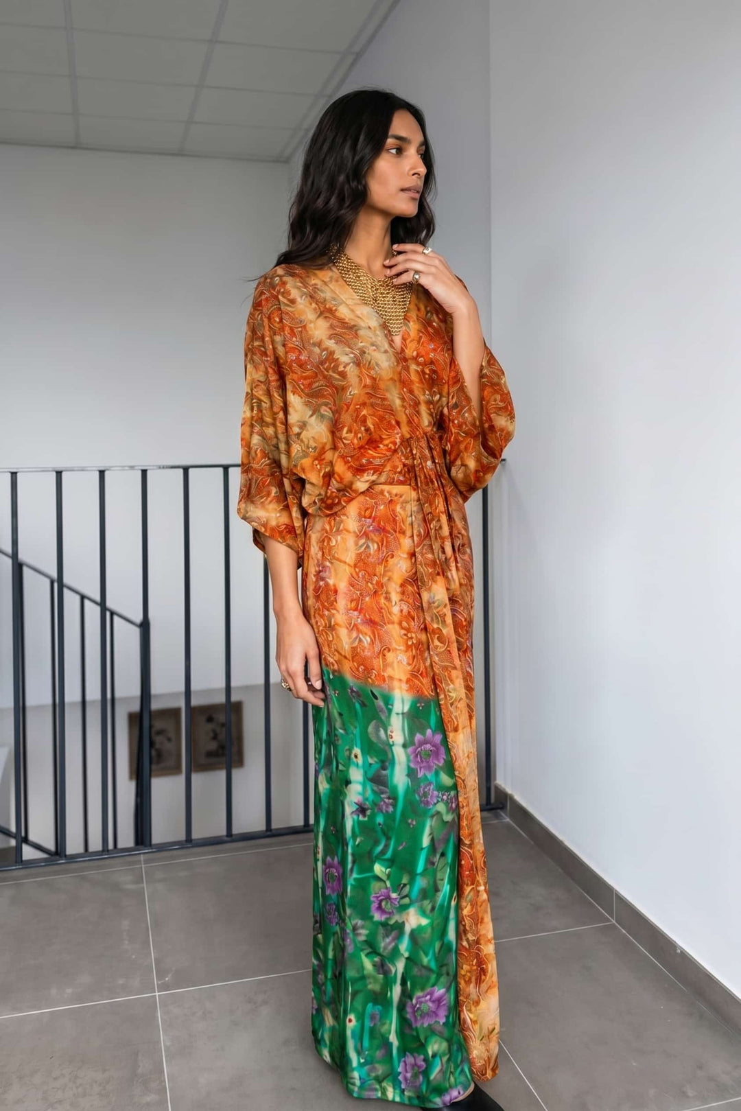 V-Neck Printed Patchwork Slit Streamer Design Maxi Dress