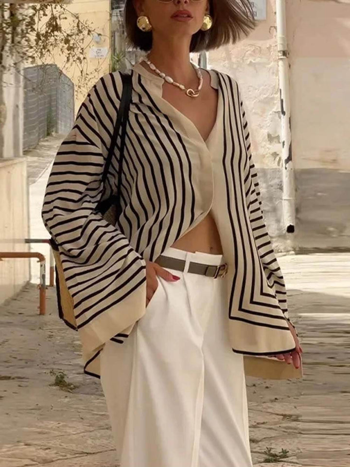 Blouses amples élégantes décontractées à col rond en satin rayé