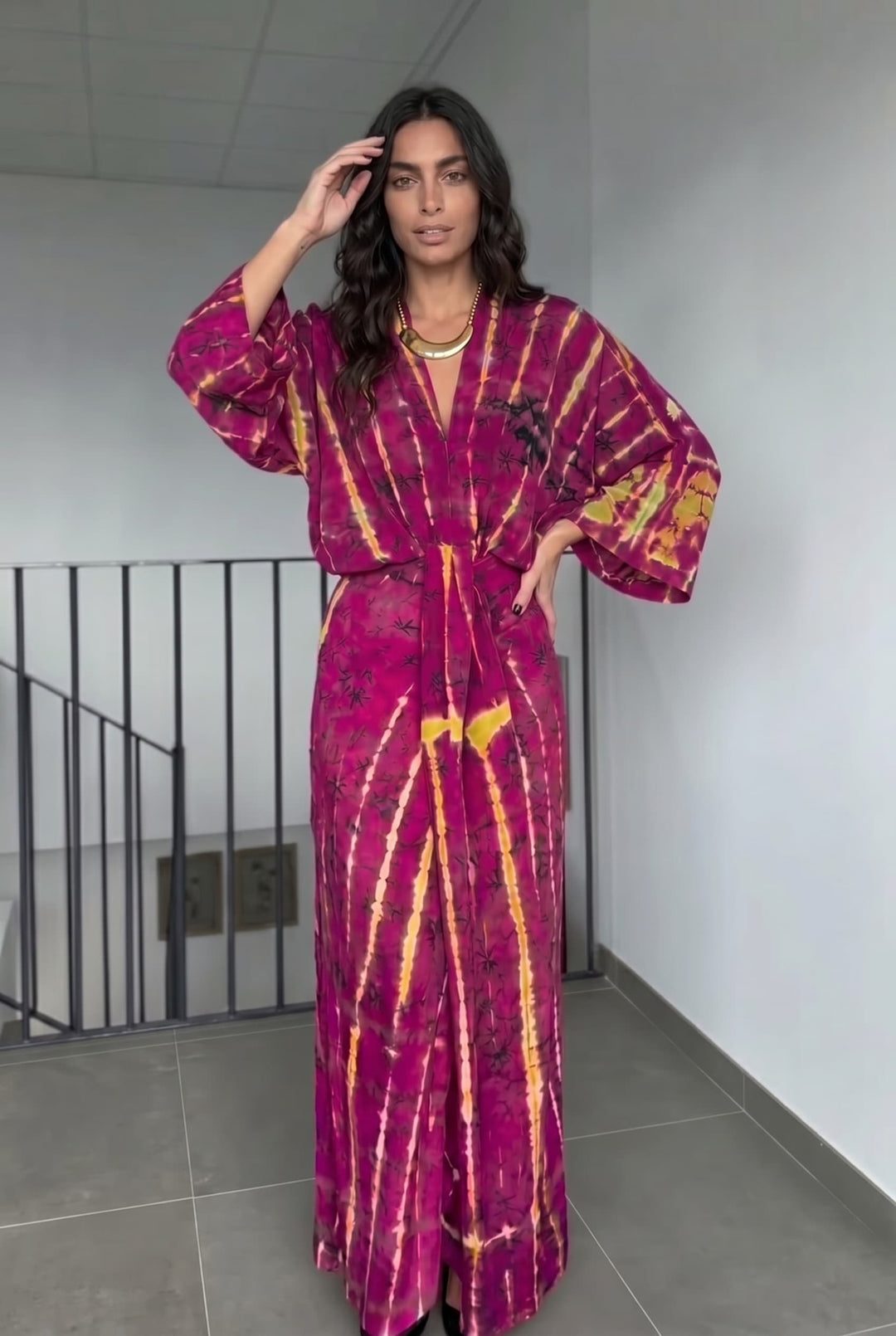 V-Neck Printed Slit Streamer Design Maxi Dress