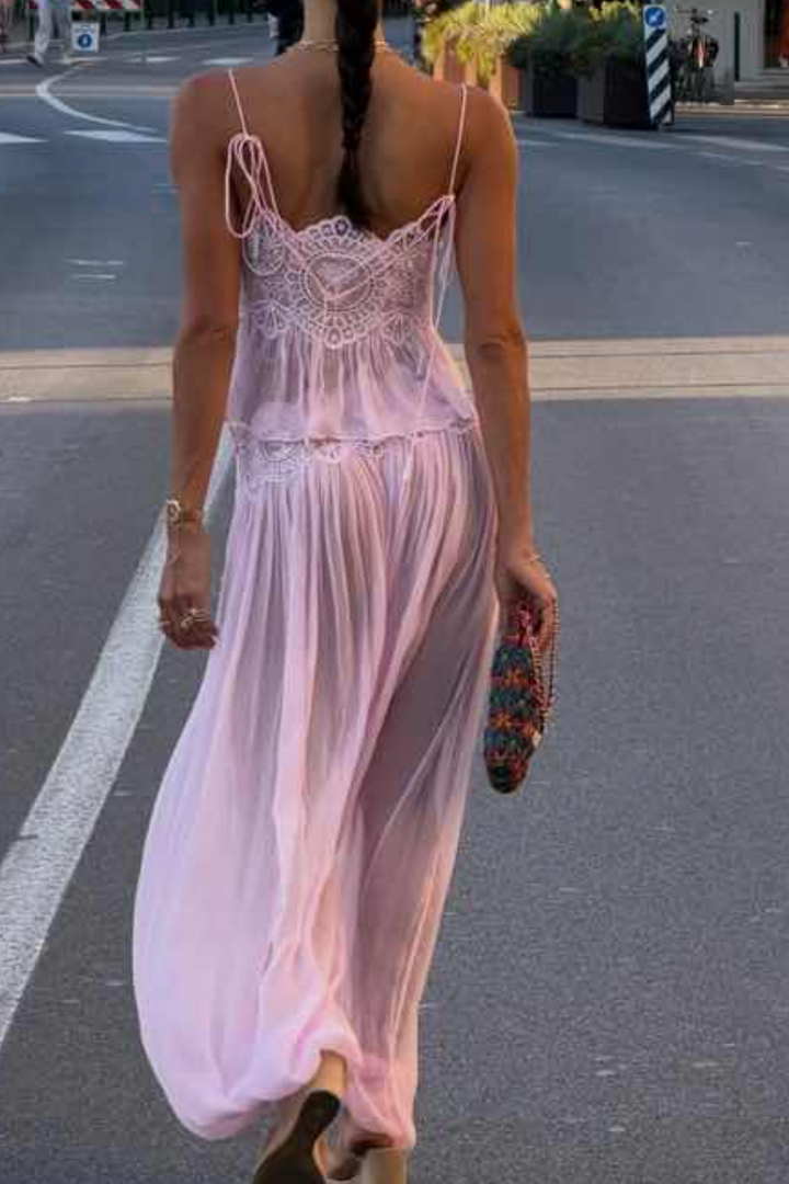 Boho Embroidered Pastel Pink Vacation Two-Piece Set