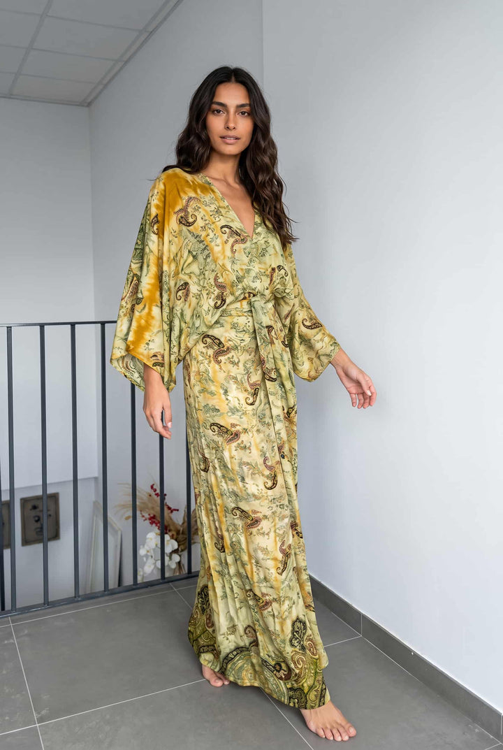 V-Neck Printed Slit Streamer Design Maxi Dress