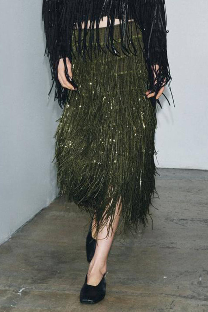 Exquisite Feather-Trim Button-Up Shirt And Sequin Fringe Skirt Set