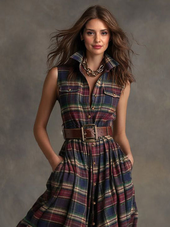 Casual Plaid Print Sleeveless Shirt Maxi Dress