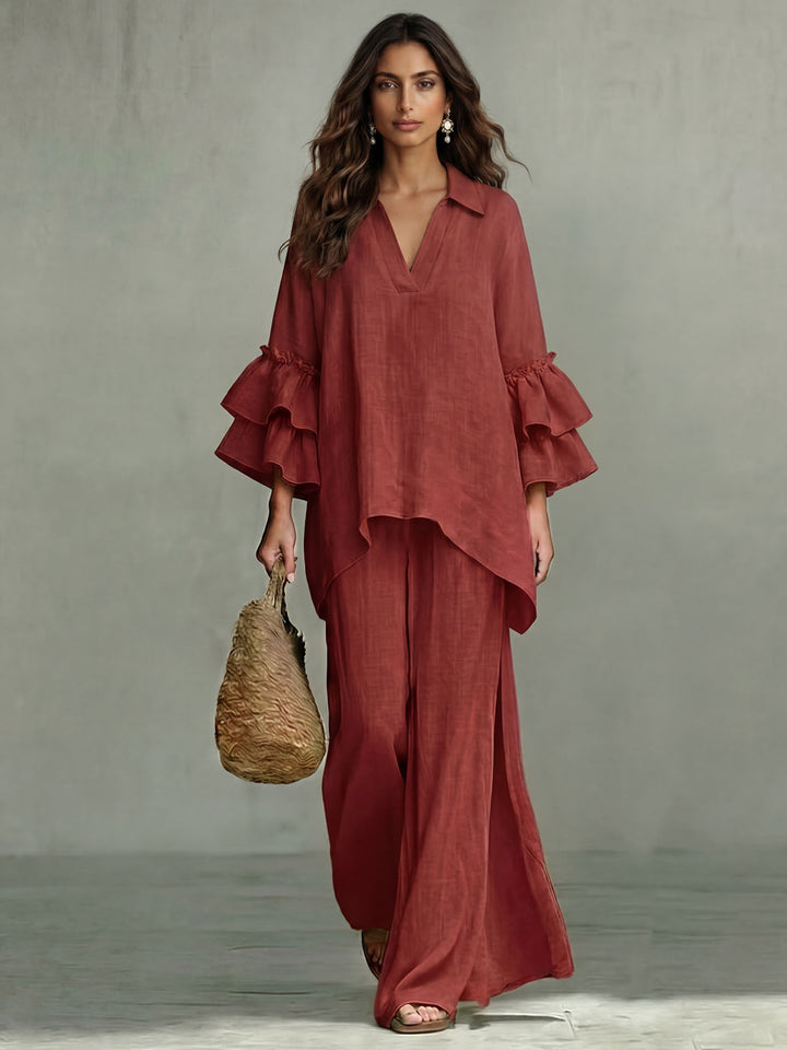 Casual Ruffle Sleeve V-Neck Top & High Waist Wide Leg Pants Set