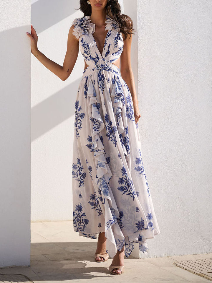 Elegant Floral Print Pleated Openwork Maxi Dress