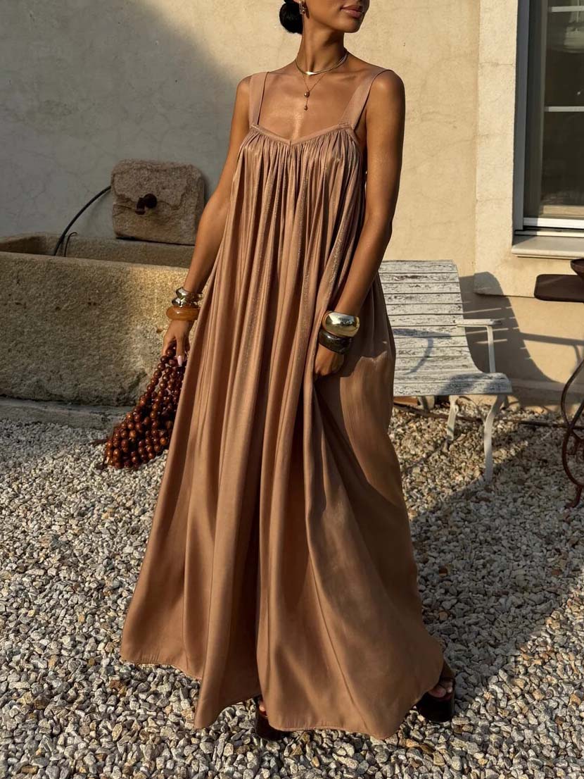 Elegant Satin Square Neckline Flowing Pleated Halter Dress