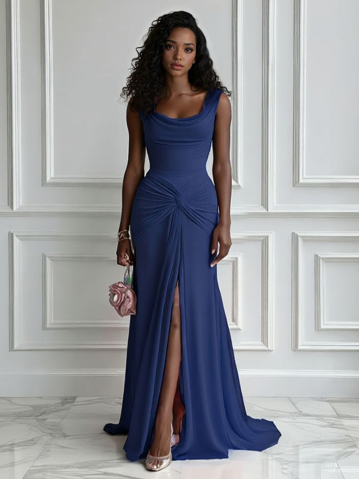 Elegant Pleated Twist-Front High-Slit Maxi Dress