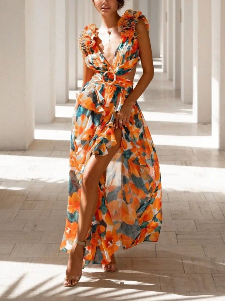 Elegant Floral Print Pleated Openwork Maxi Dress
