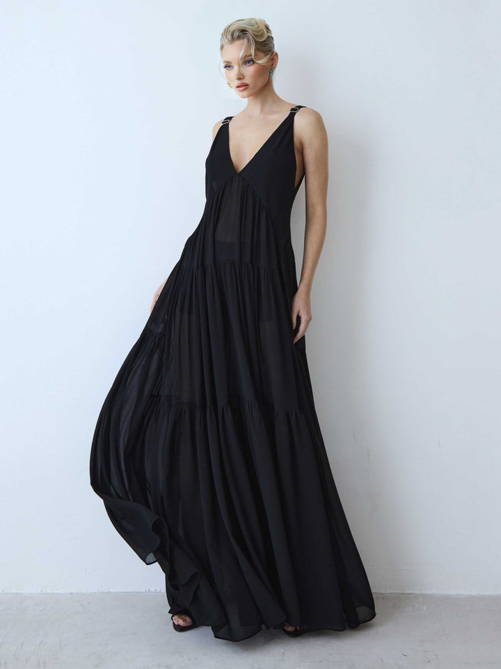 Exquisite V-neck Layered Chiffon Shawl Maxi Dress