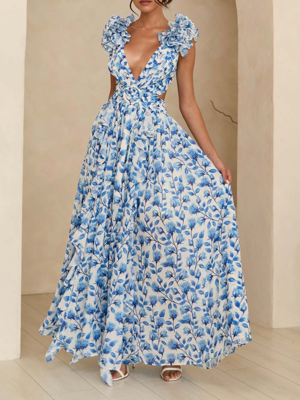 Elegant Floral Print Pleated Openwork Maxi Dress
