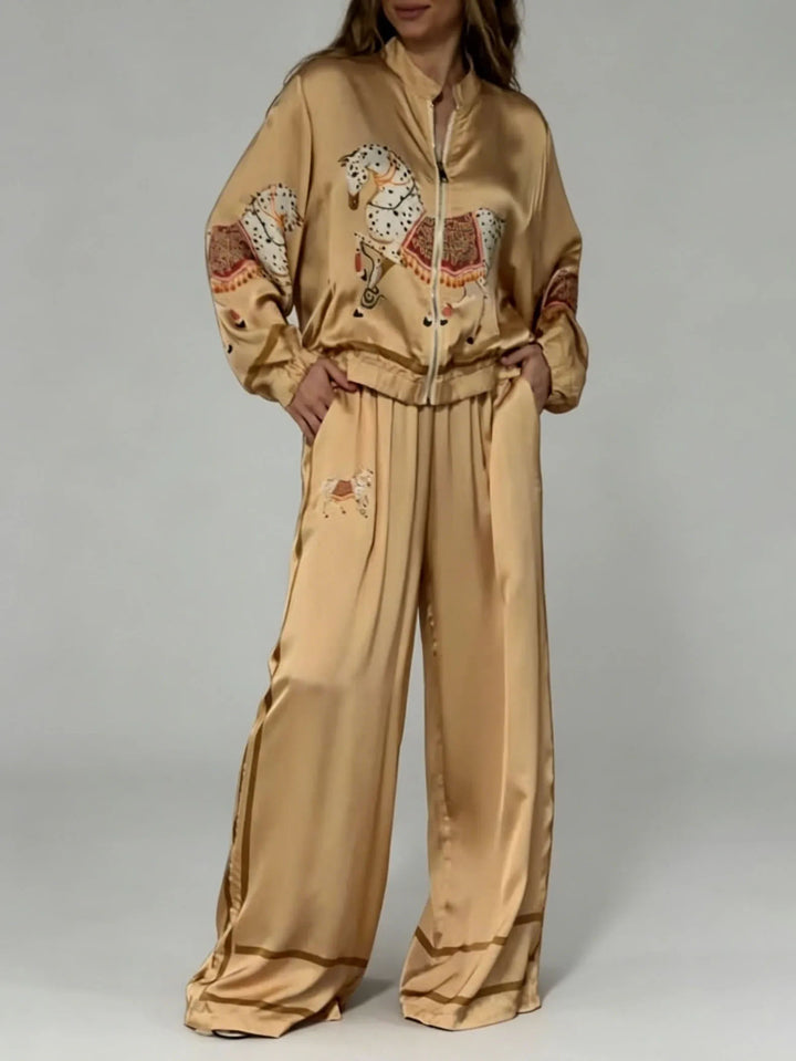 Exquisite Satin Horse Print Zip-Up Shirt