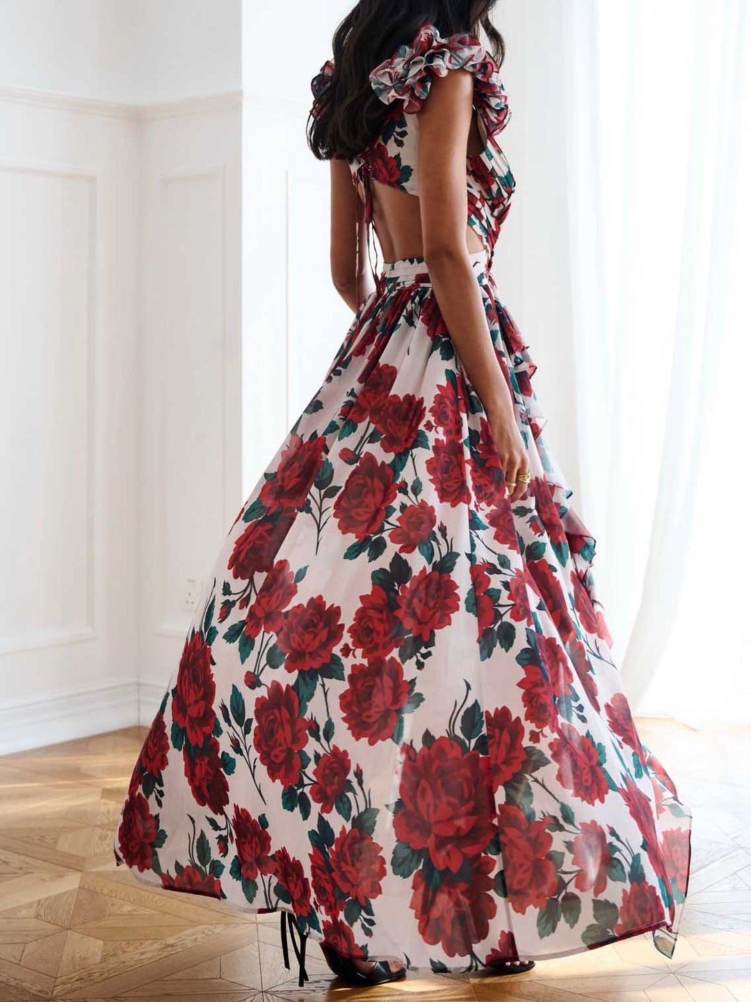 Elegant Floral Print Pleated Openwork Maxi Dress