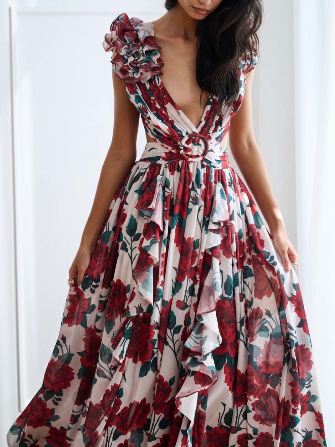 Elegant Floral Print Pleated Openwork Maxi Dress