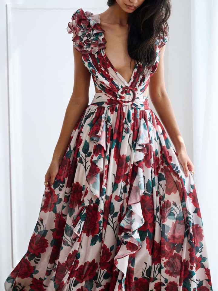 Elegant Floral Print Pleated Openwork Maxi Dress