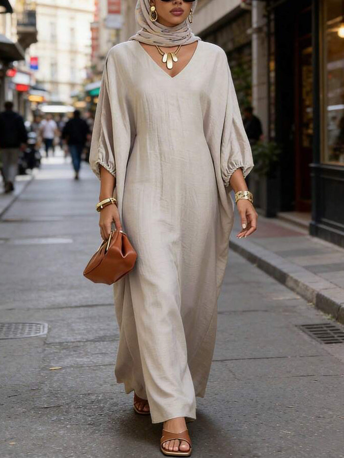 Casual V-neck Batwing Sleeve Loose Long Kaftan Dress