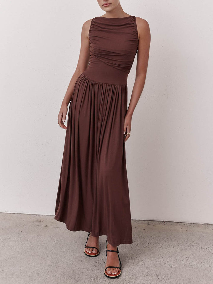 Elegante geplooide mouwloze maxi-jurk