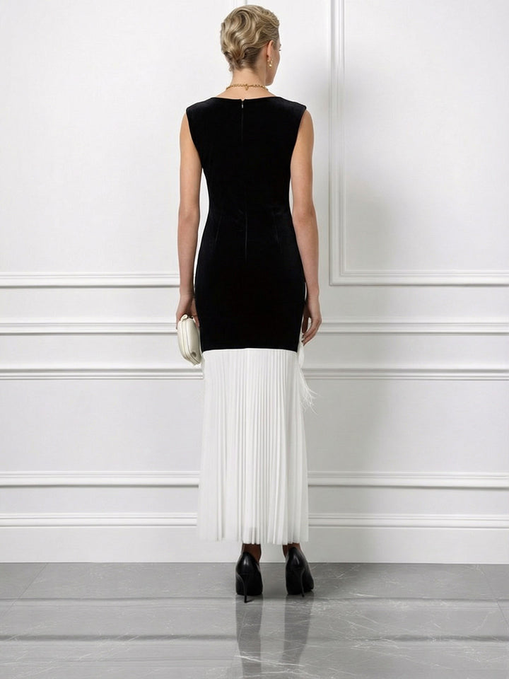 Elegant Floral Feather Tassel Boat Neck Pleated Maxi Dress