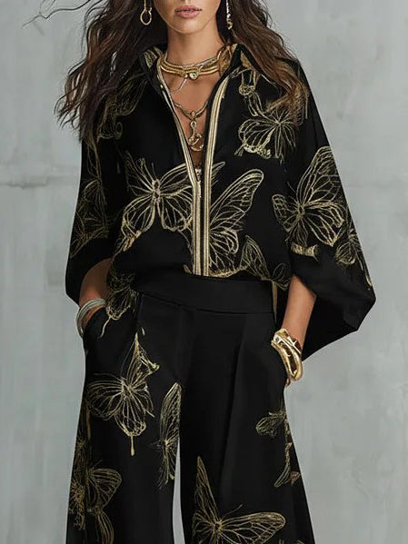 Elegant Butterfly Print Zip-Up Top & Wide Leg Pants Set