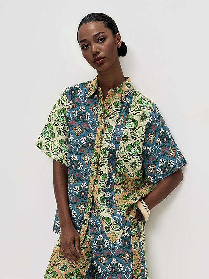 Retro Art Print Wide-Leg Pants