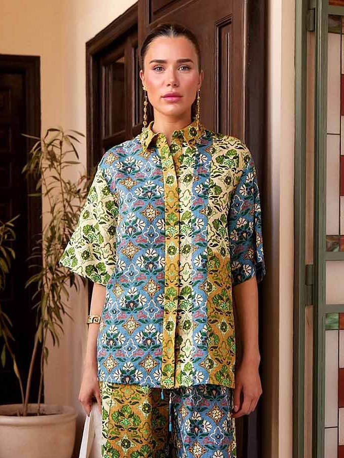 Retro Art Print Shirt & Wide-Leg Pants Two-Piece Set