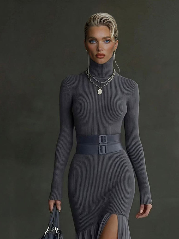 Elegant Asymmetrical Ruffled Knit Midi Dress