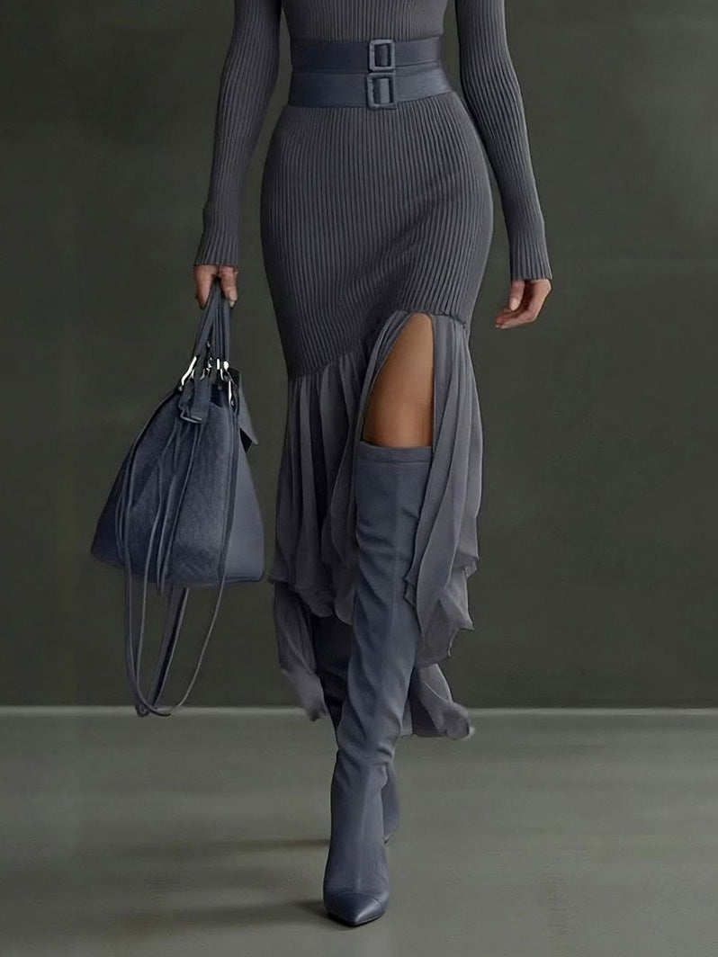 Elegant Gray Asymmetrical Ruffled Knit Midi Dress