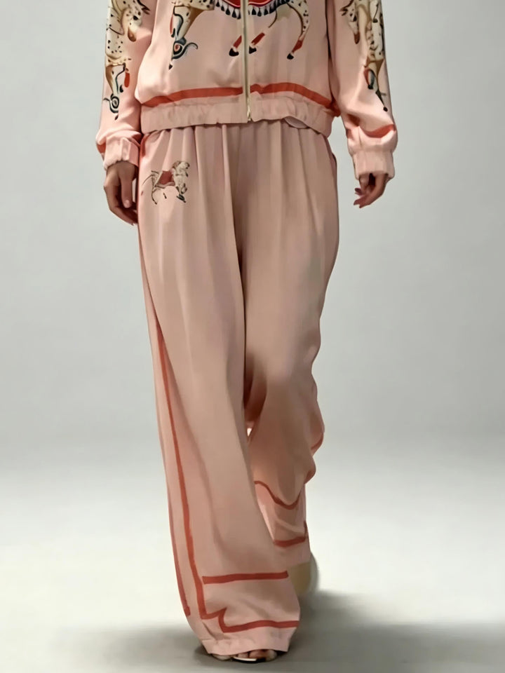 Exquisite Satin Horse Print Wide-Leg Pants