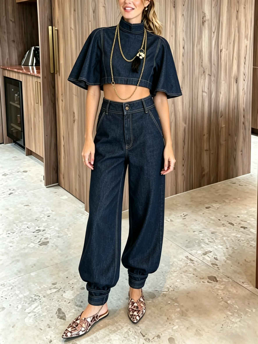 Denim High-Neck Cape Sleeve Crop Top