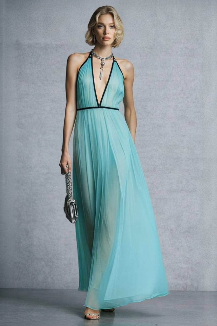 Color Contrast Halter-Neck High Waist Maxi Dress