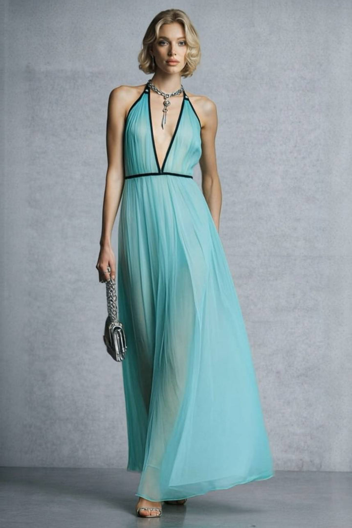 Color Contrast Halter-Neck High Waist Maxi Dress