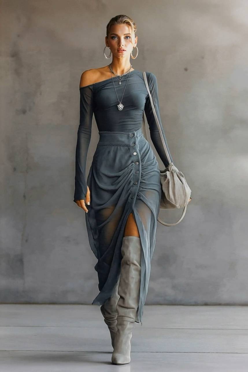 Off-Shoulder Pleated Maxi Dress