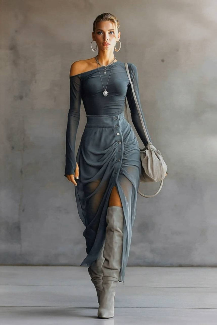 Off-Shoulder Pleated Maxi Dress