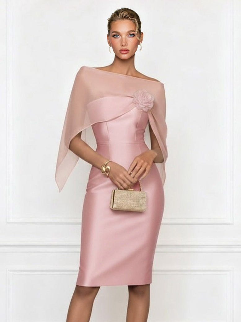 Asymmetrical One-Shoulder Sheer Shawl Satin Midi Dress