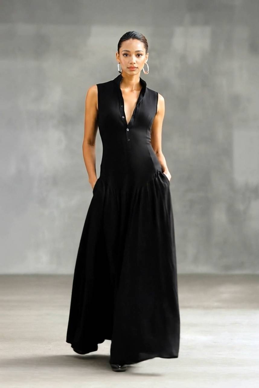 Minimalist Stand-Collar Maxi Dress