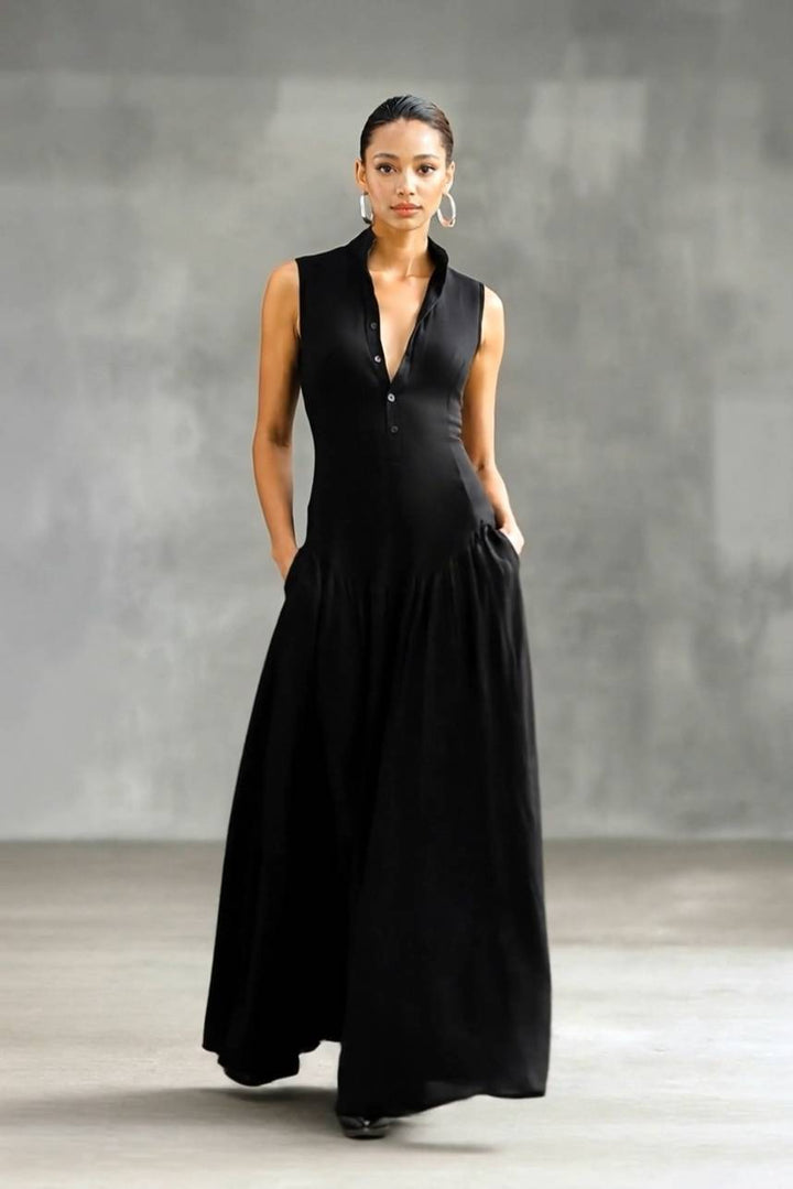 Minimalist Stand-Collar Maxi Dress