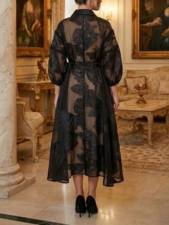 Elegant French Jacquard Shirt-Style Maxi Dress