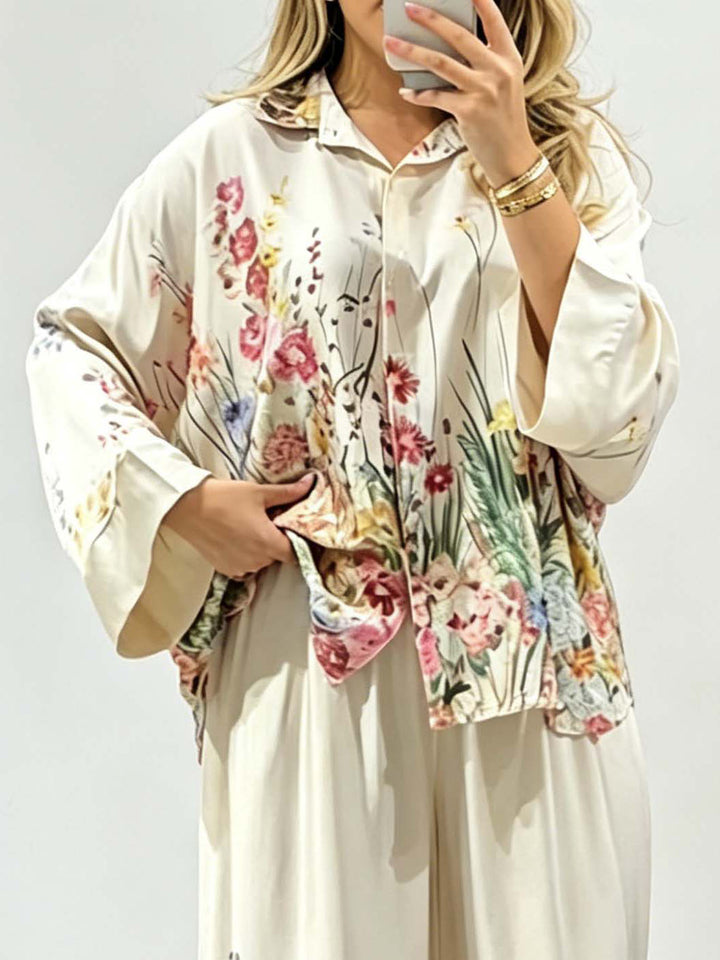 Elegant Floral Print Satin Button Shirt