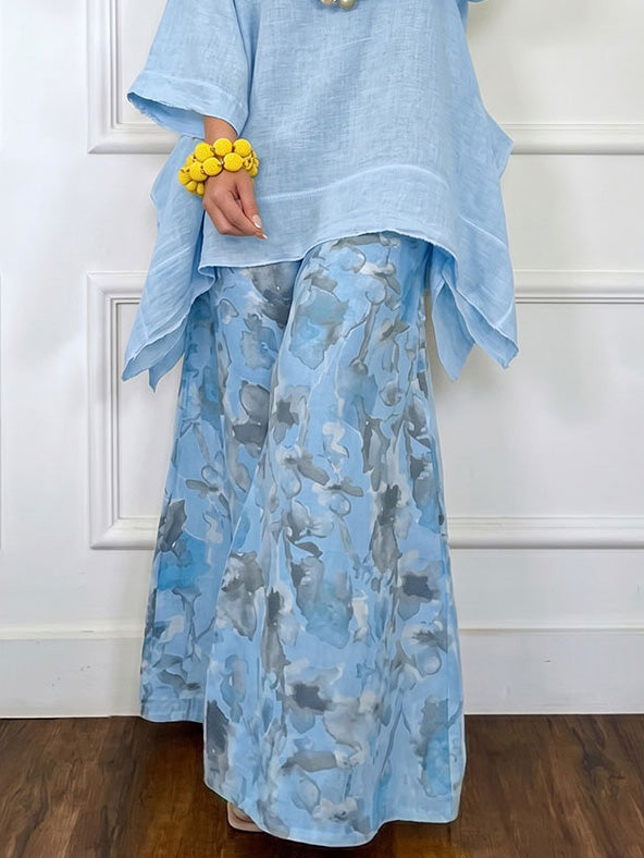Casual Asymmetrical Top & Printed Wide Leg Pants Set
