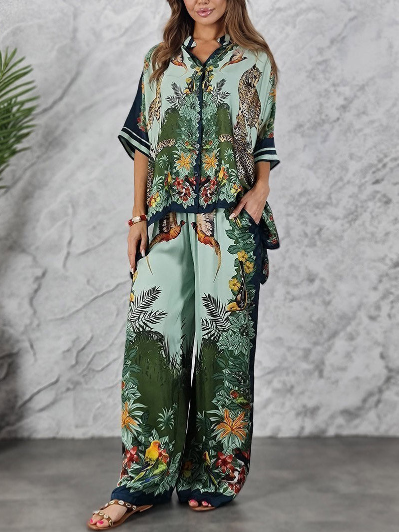 Exotic Jungle Print Wide Leg Pants
