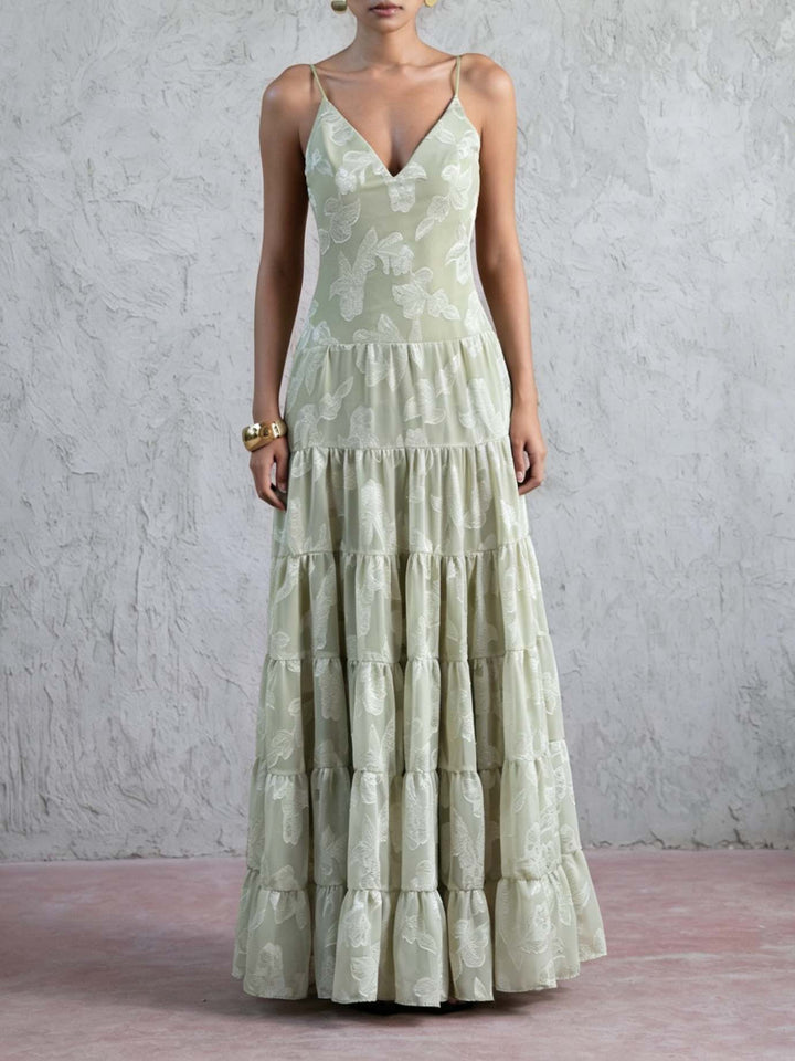 Elegant Floral Jacquard V-Neck Tiered Ruffle Maxi Dress