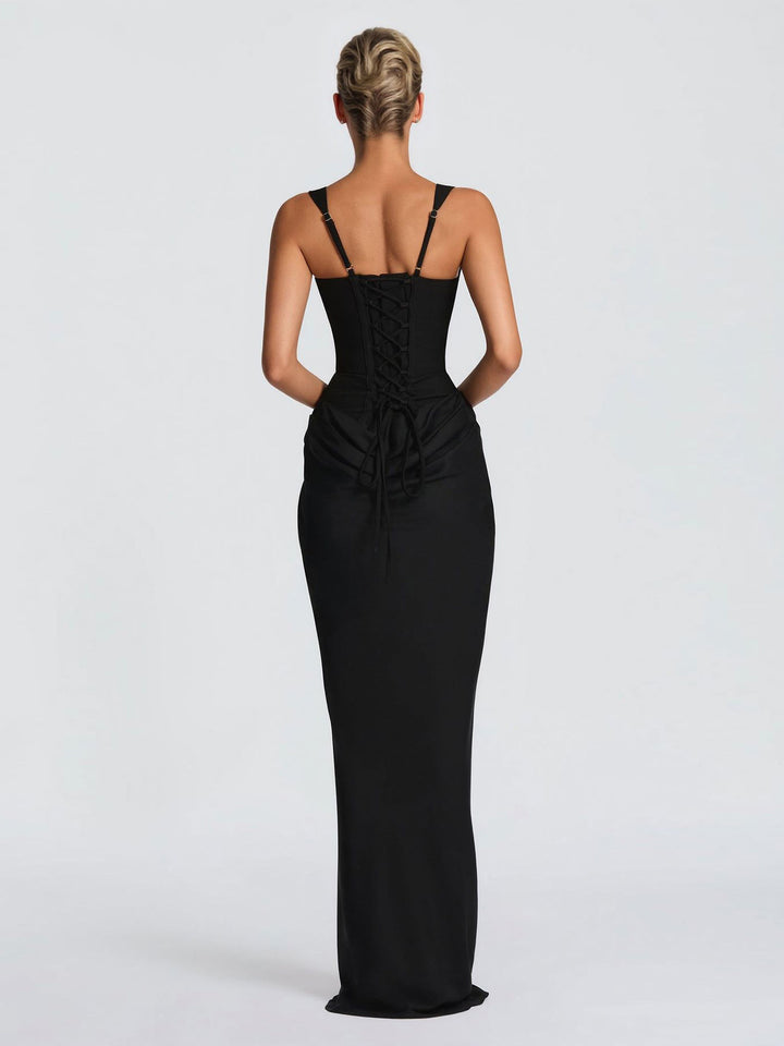 Elegant Square Neck Cinched Top & Ruched Waist Draped Maxi Dress