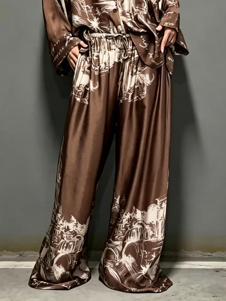 Architectural Print Satin Shirt And Pants Two-Piece Set