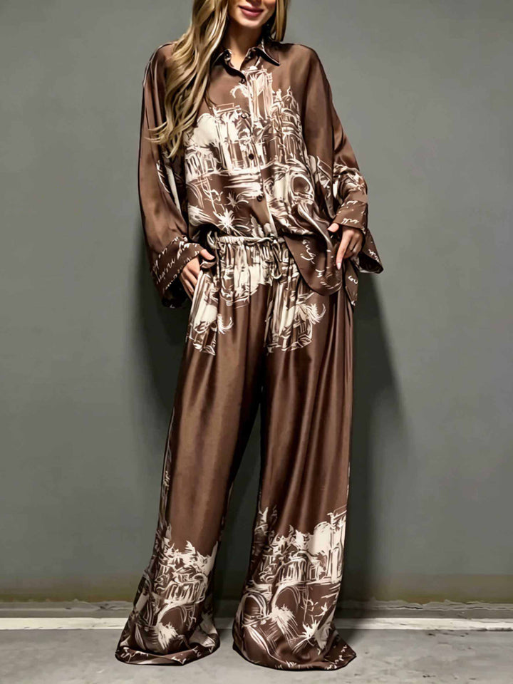 Architectural Print Satin Shirt And Pants Two-Piece Set