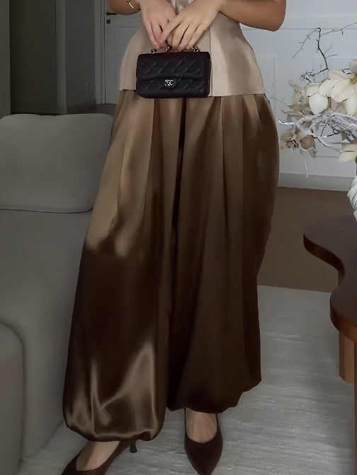 Exquisite Satin Cape Top & Wide-Leg Trousers Two-Piece Set