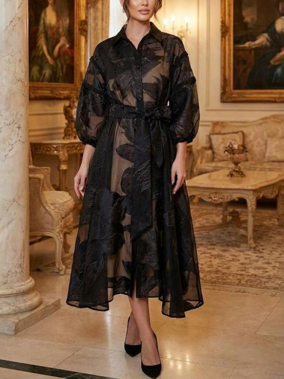 Elegant French Jacquard Shirt-Style Maxi Dress