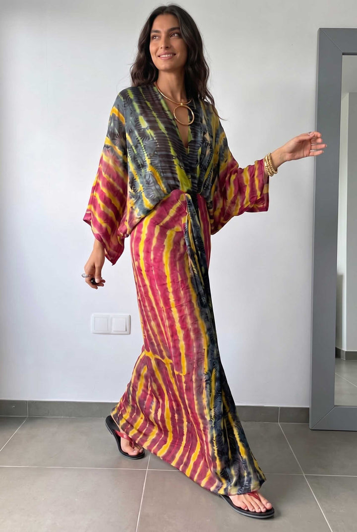 V-Neck Printed Slit Streamer Design Maxi Dress