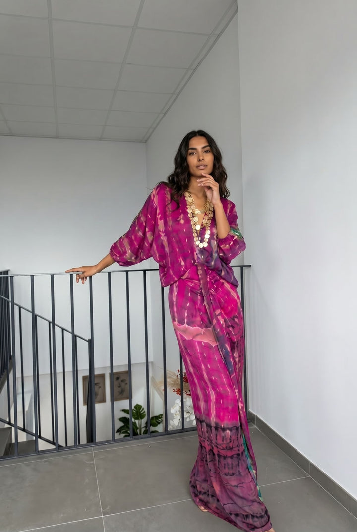 V-Neck Printed Patchwork Slit Streamer Design Maxi Dress
