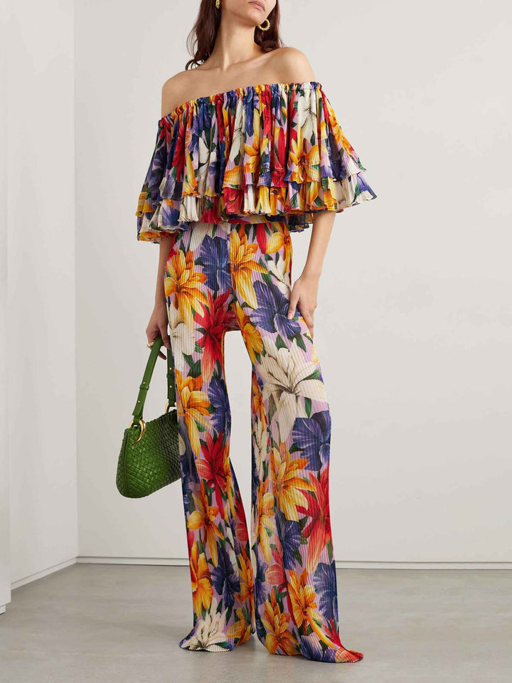 Elegant Floral Print Pin-pleated Straight Pants