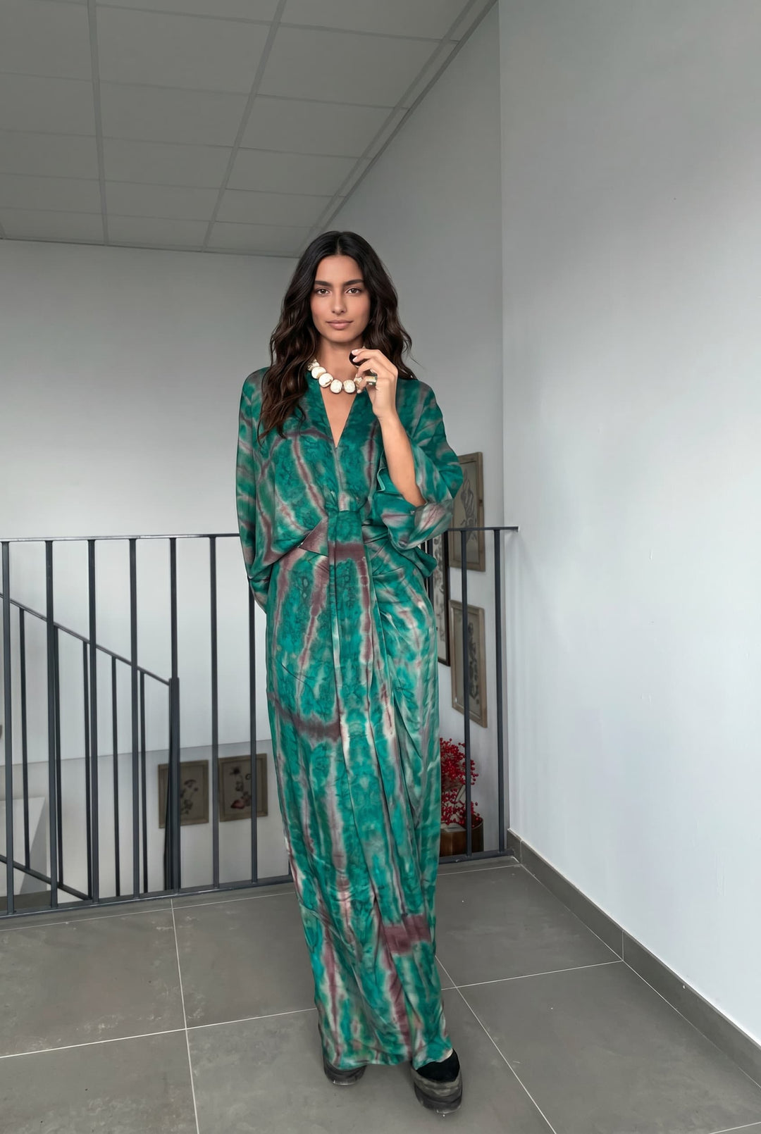 V-Neck Printed Slit Streamer Design Maxi Dress