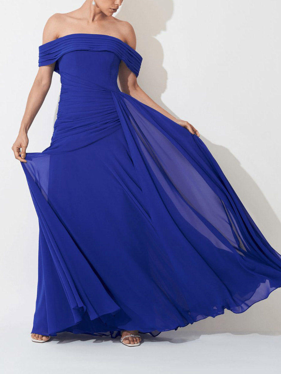 Elegant Off Shoulder Ruched Chiffon Maxi Dress